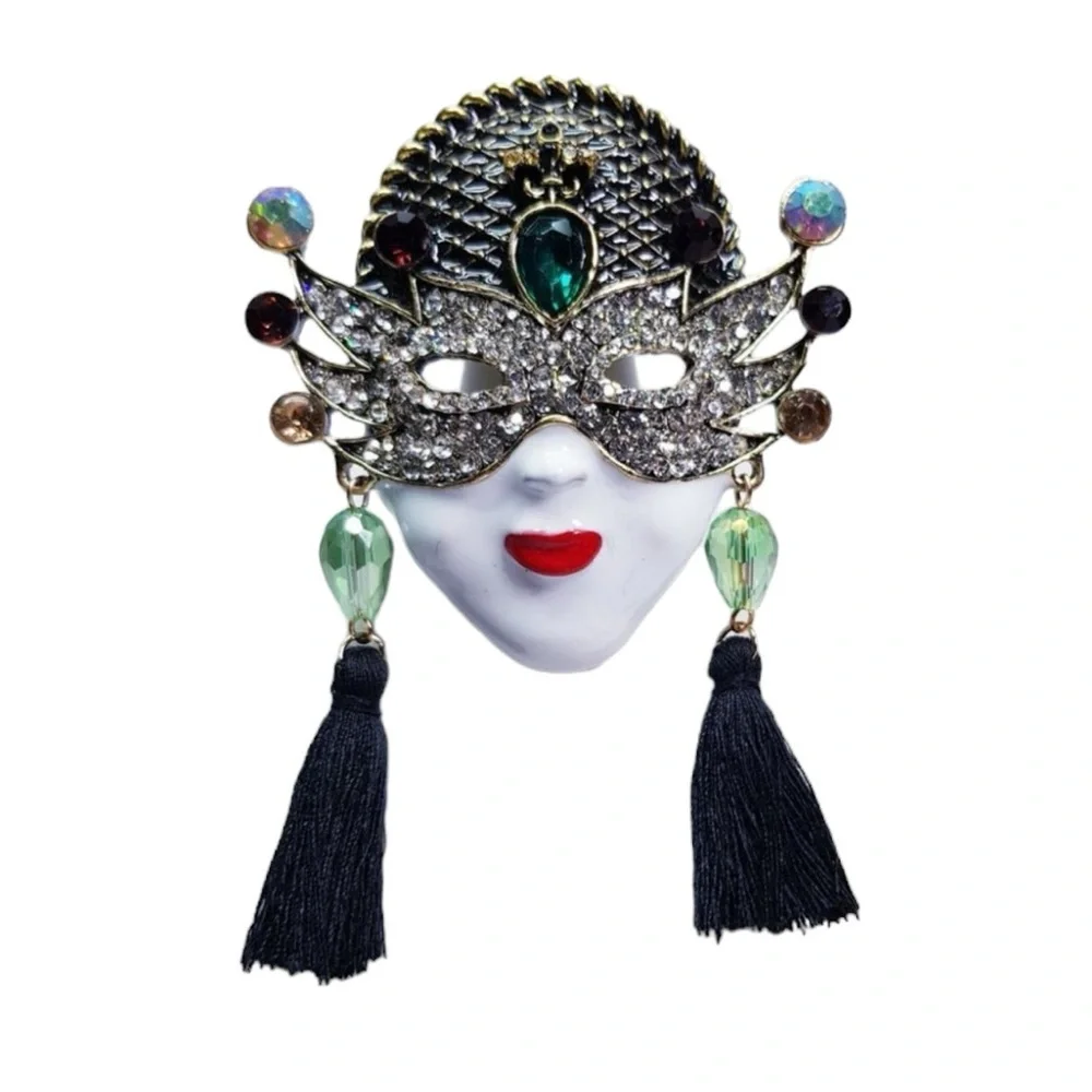 Victorian Style Masquerade Face Brooch with Emerald Green Gem & Tassels New